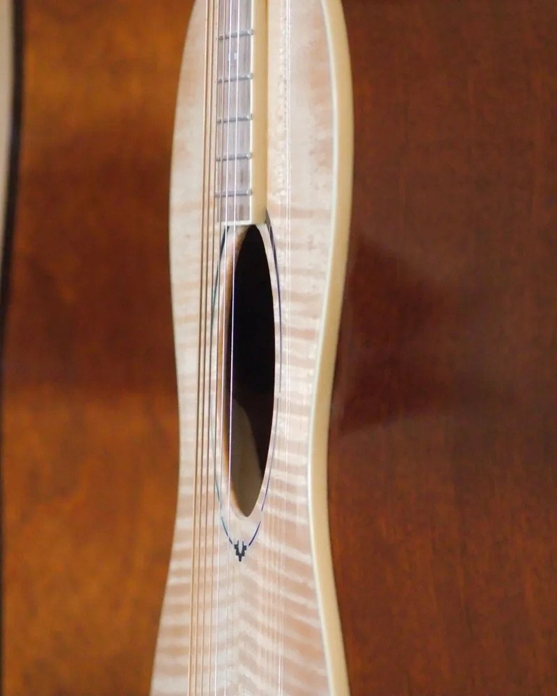 Detalle de la boca de una guitarra acústica con la roseta y el filete claro que recorre el borde de la tapa